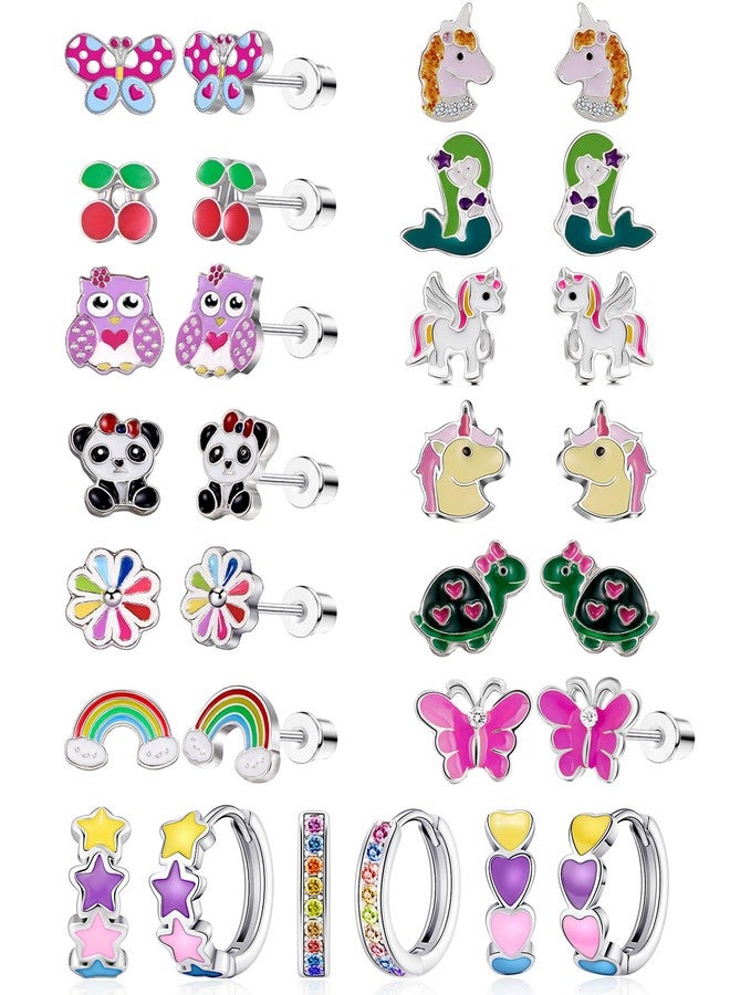SYNLIN 15 Pairs Stud Earrings Set :12 Pairs Unique Cartoon Flat Back Earrings Girls & 3 Pairs Mini Hoops with Stainless Steel Posts and Screwback Earring for Kids(B) - Image 1